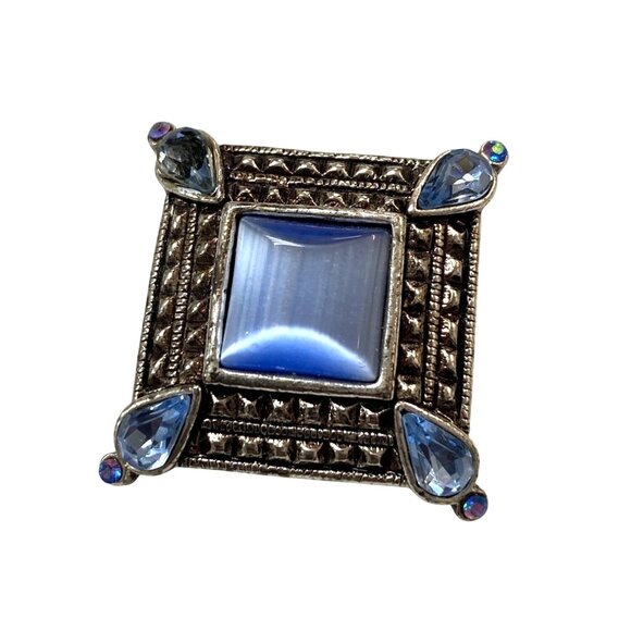 Vintage Silver Tone Square Brooch With Blue Glass Cabochon & Teardrop Rhinestone - Picture 1 of 5